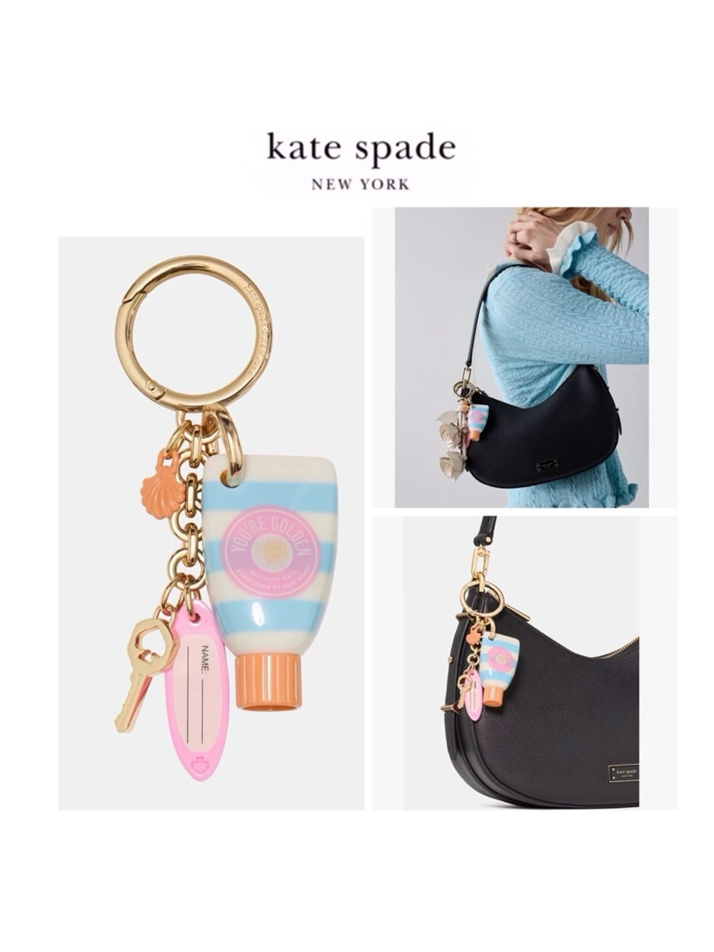 NWT Kate Spade ♠️ CHARMED SUNSCREEN 12-K Gold Plated/Resin Bag Charm/Key Chain